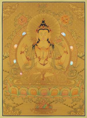 Full Gold Style Chengrezig Thangka | Tibetan Buddhist Artwork | Avalokiteshvara Painting